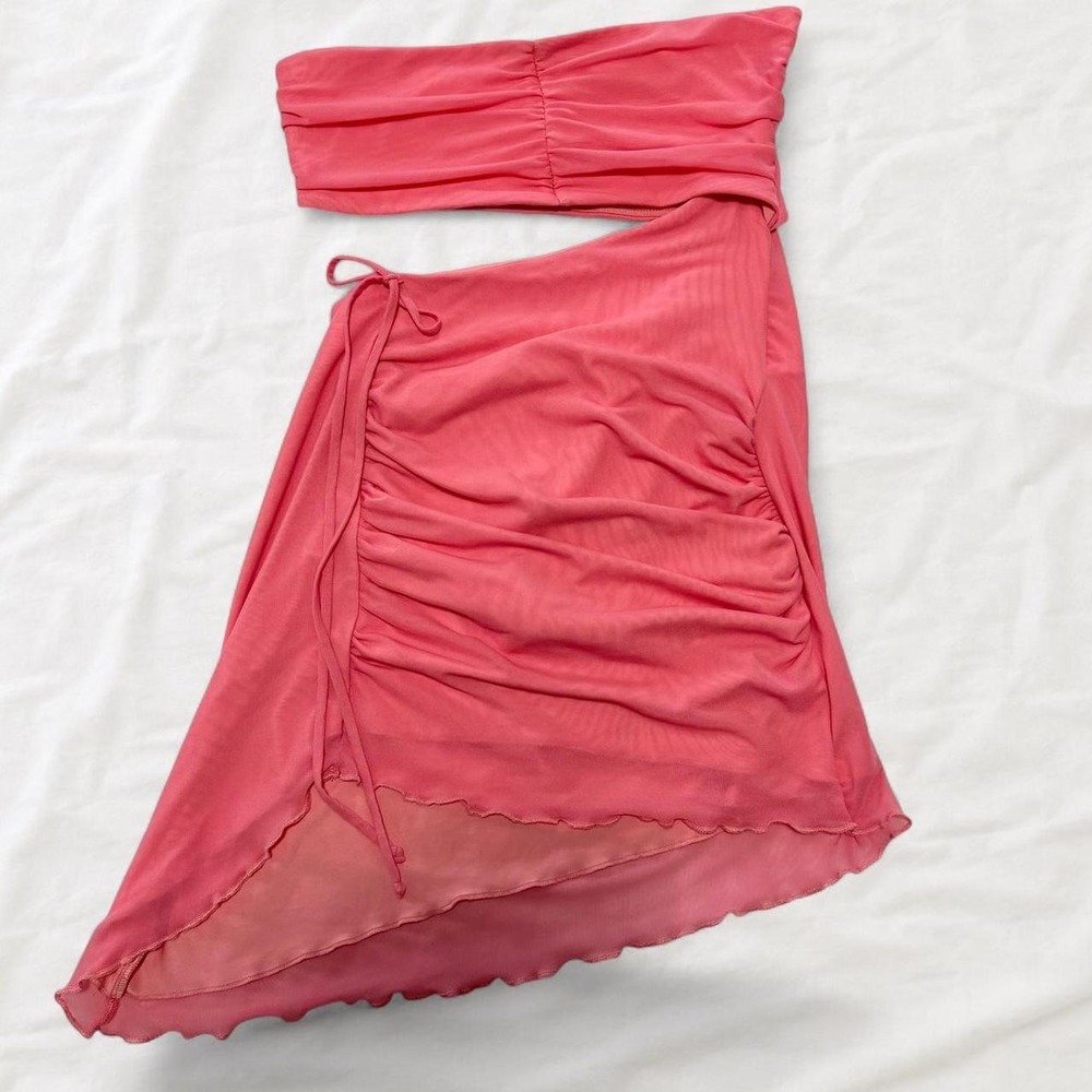 Oh Polly Y2K Ruched Cutout Mesh Mini Dress Coral Pink